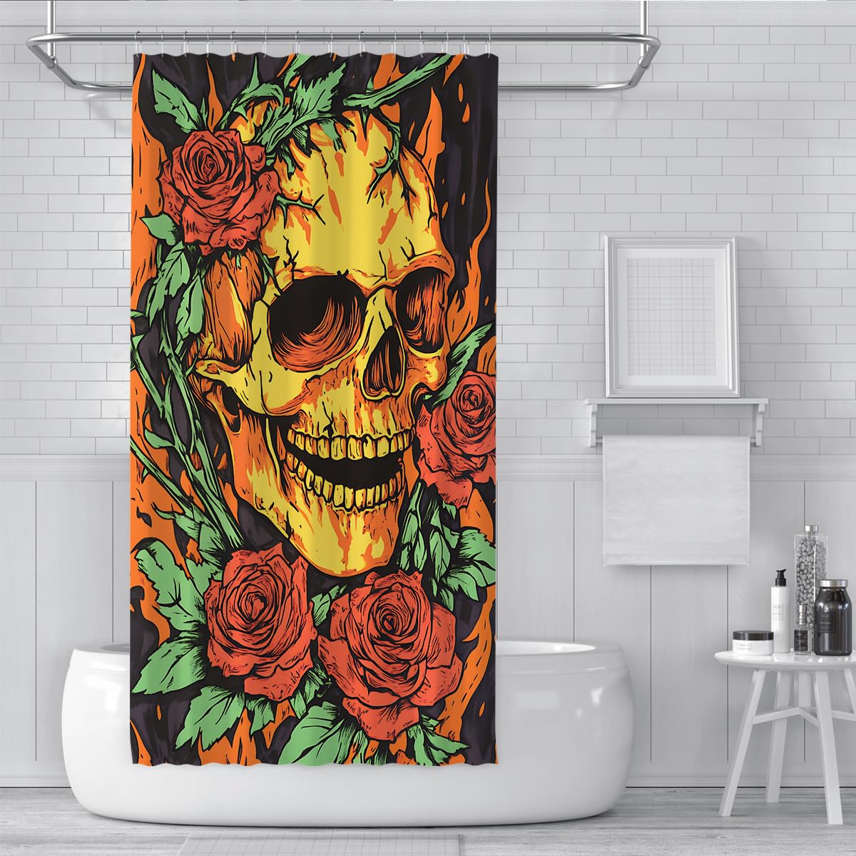 Orange Skull Duschvorhang Red Rose Vines Black Badezimmer Deko 150x180cm
