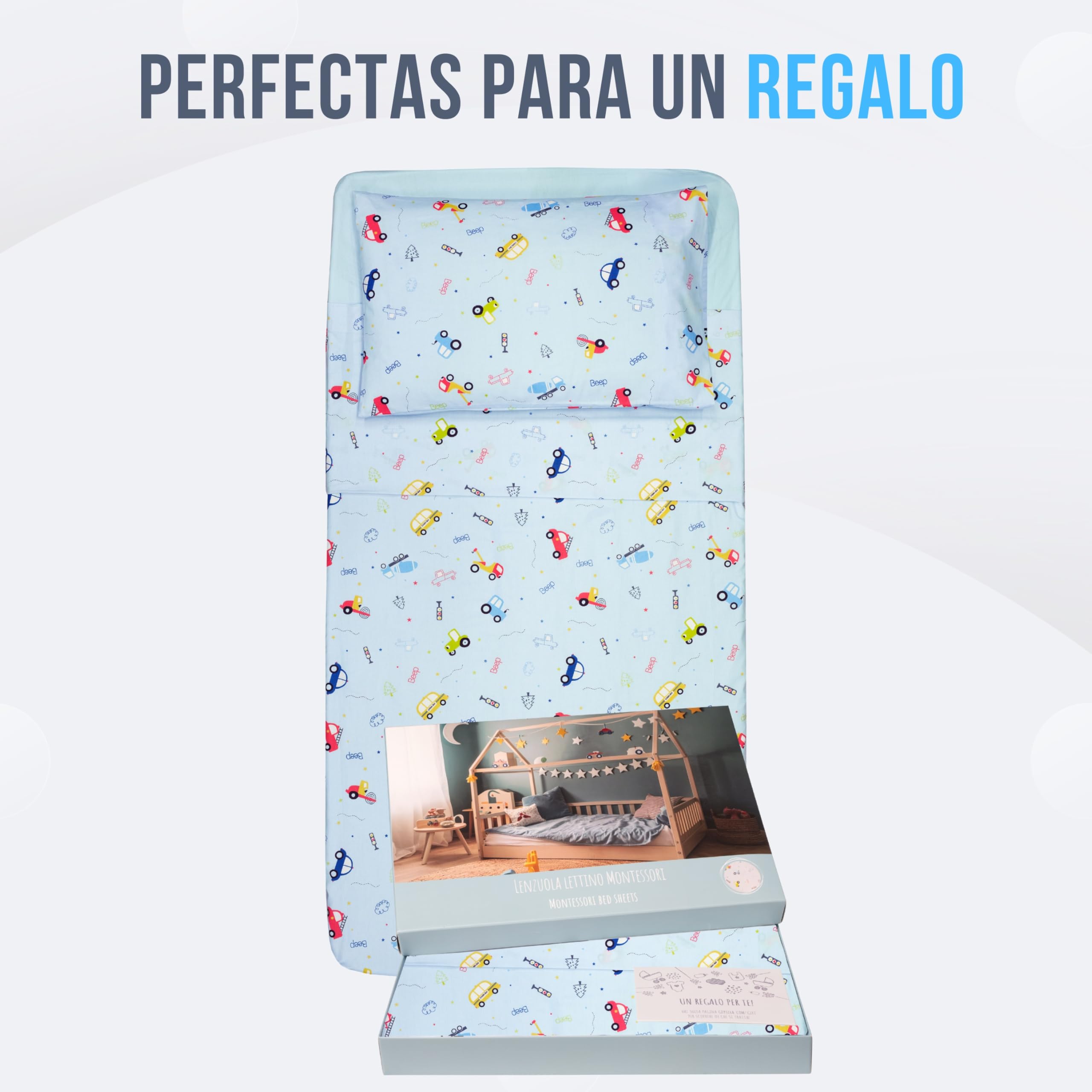 GOYSILA Juego De Sábanas Montessori para Cama 70x140 Cm 1 Sábana Bajera Ajustable 1 Sábana Encimera 1 Funda De Almohada 100% Algodón Oeko-Tex Diseño Coches Ropa De Cama Infantil para Maxicuna