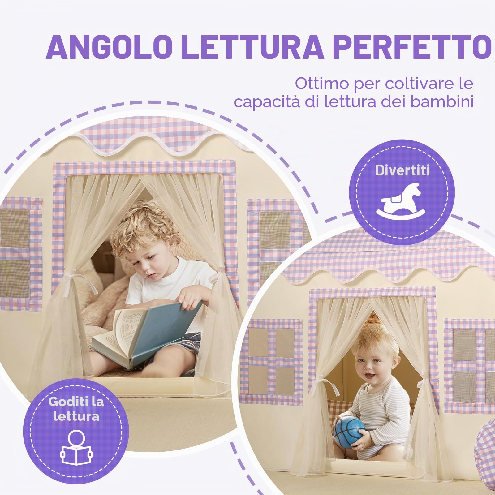 Wilwolfer Tenda da Gioco con Tappetino Morbido: Casa Giardino per Bambini - Tenda da Esterno e Interno - Casa con Ghirlande di Nappe per Piccoli - 67.5 D× 97 W × 107.5 H cm