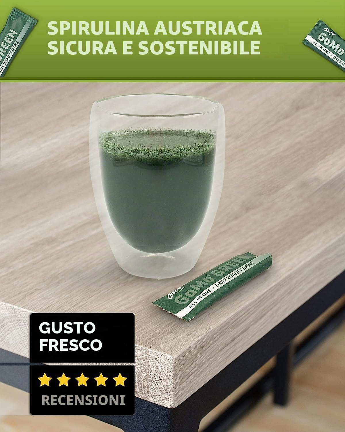 GoMo® GREEN | All in One – Daily Vitality Drink con Spirulina dall'Austria | Per migliorare le prestazioni e la concentrazione I la tua energia green quotidiana made in Germany | 30 porzioni