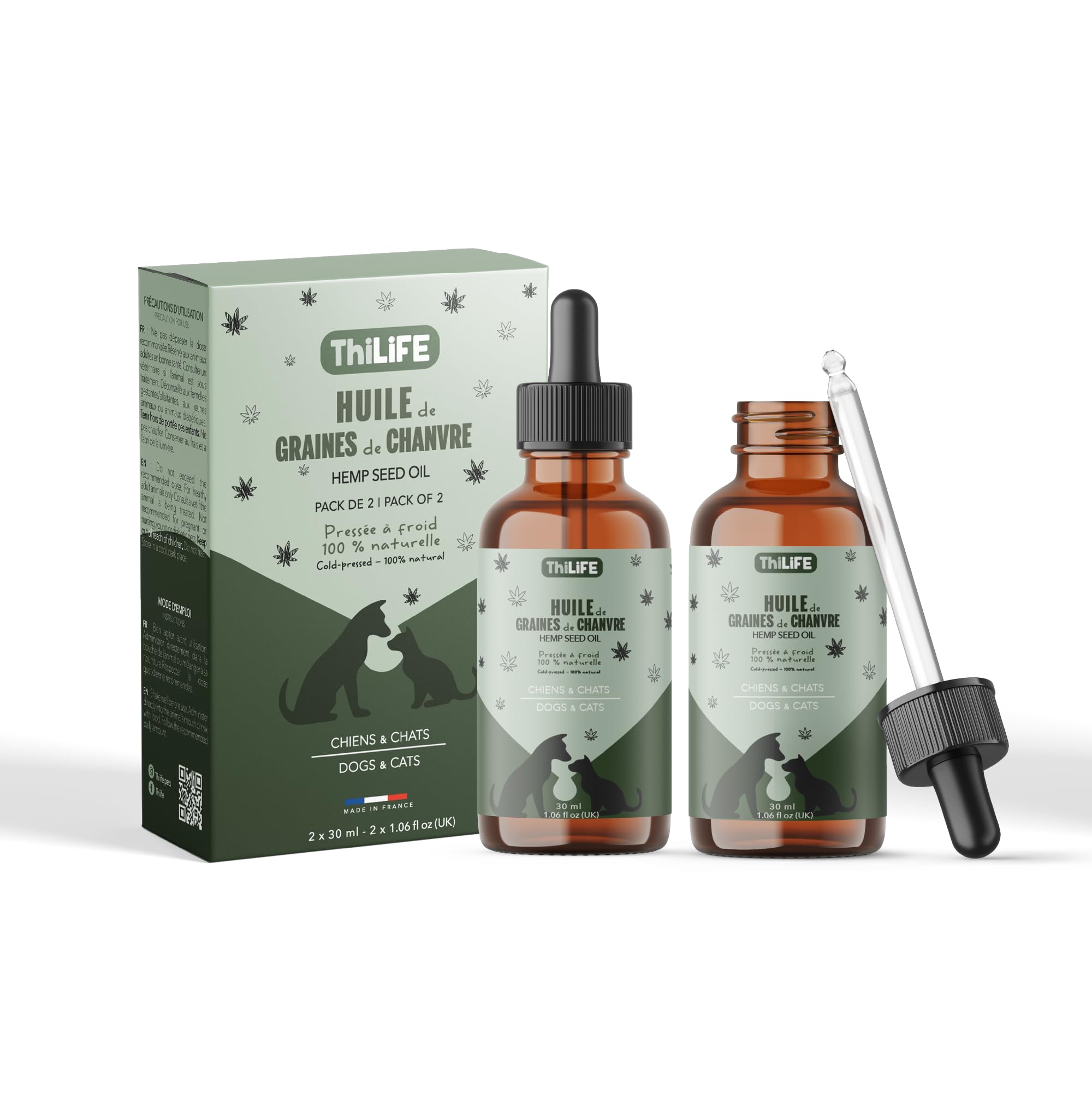 Thilife | Hemp Seed Oil for Dogs and Cats | Omega 3 6 9 | Vitamins A/B/D/E for Pets | Anti-stress food supplement, acts on anxiety, joints and sleep. (2 natural oils)