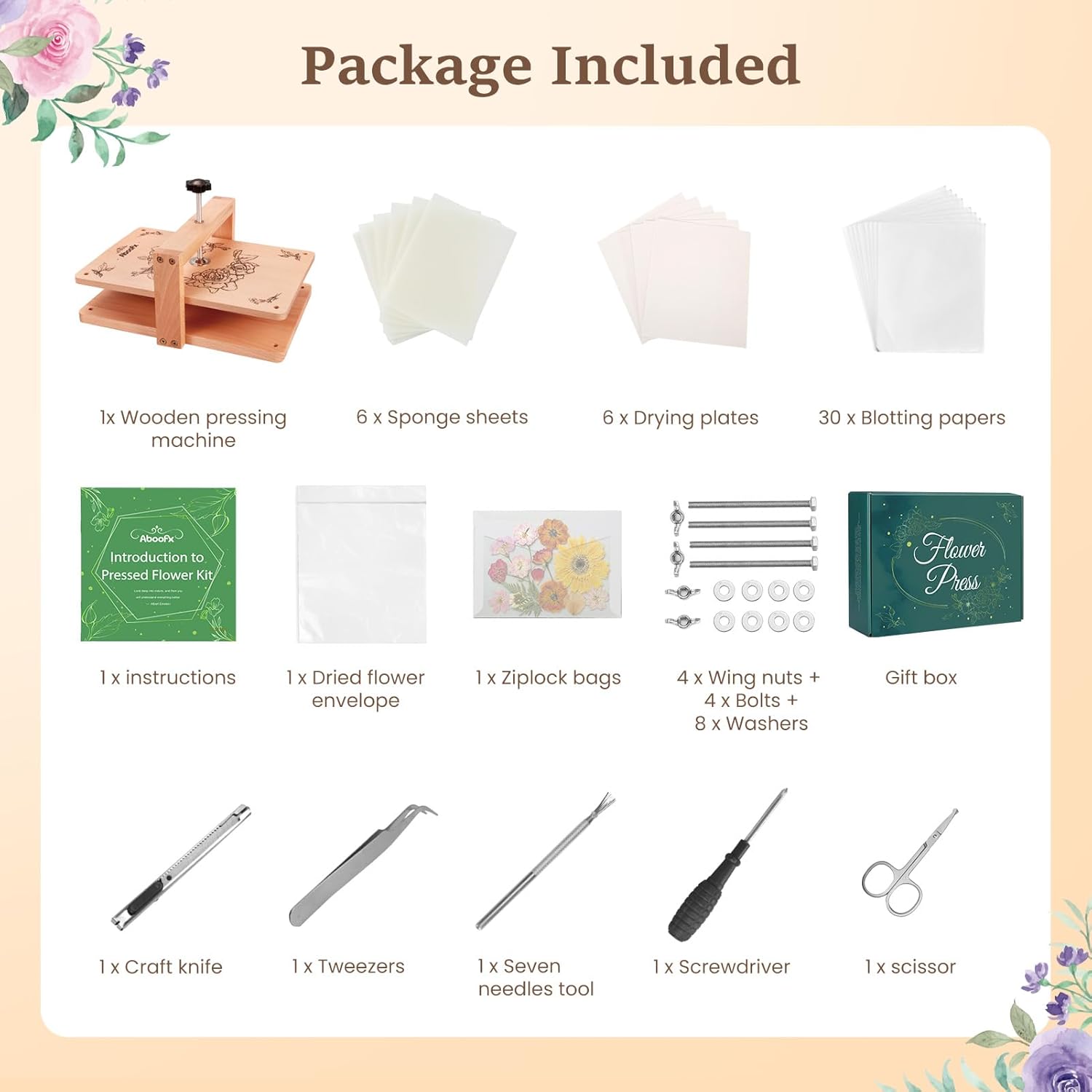Aboofx Large Flower Press Kit, 11.8" x 8.3" 6 Layers Wood Flower Pressing kit with Storage Bags for Dried Flower Plant Wedding Bouquet Preservation Kits, DIY Art & Crafts Gift for Adult Craft Lovers