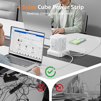 Cube Extension Lead with USB Slots, 4 Way Multi Plug Extension Socket with 3 USB C 3 USB A(13A/3250W) Tower Power Strip with 4 Independent Switches 3M Extension Cords for Desk Home Office Travel