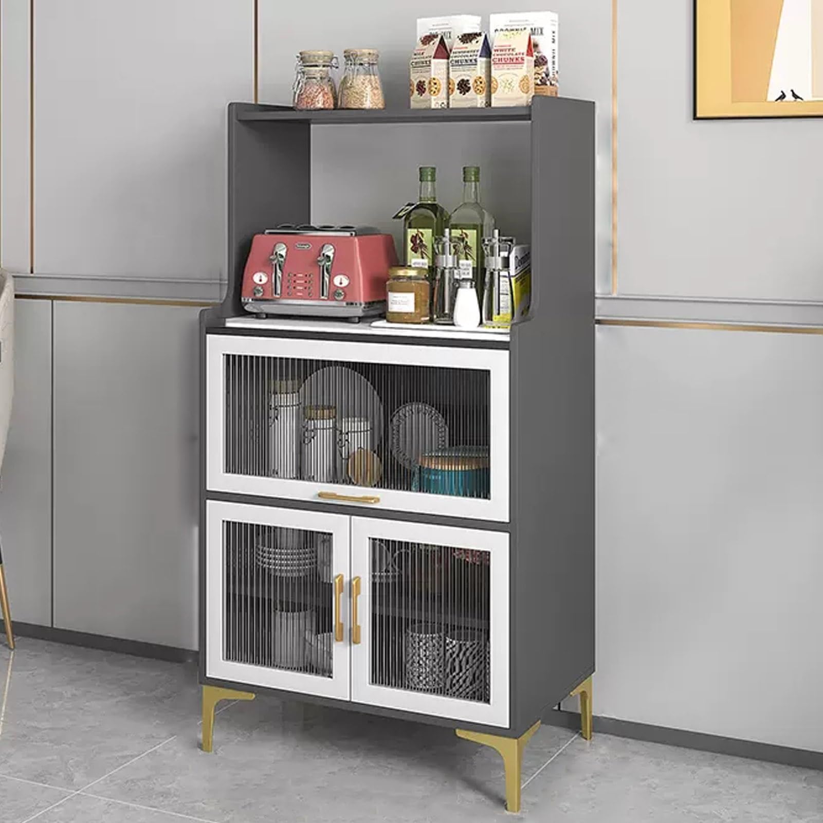 Armoire de cuisine buffet gris avec étagères réglables et porte en verre