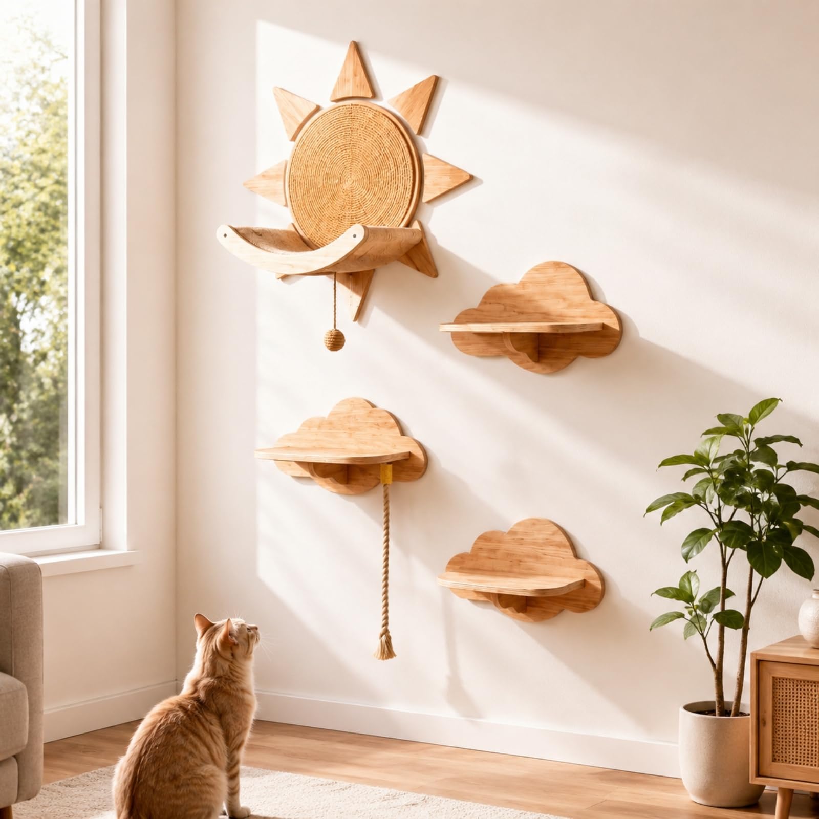 Wandmontiertes Kklettergerät aus Kiefernholz Wandmontiert Kkletterwand mit wolkenförmigen Ablagen sparend für Wohnzimmer,