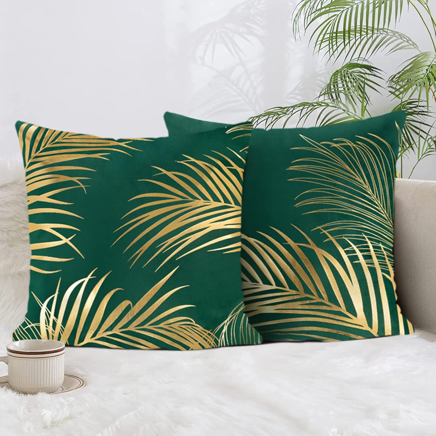 Bonhause Gold Leaves Cushion Covers 45 x 45 cm Gold Foil Printing Decorative Green Throw Pillow Covers Soft Velvet Pillowcases for Sofa Couch Living Room Bed Home Decor Set of 2
