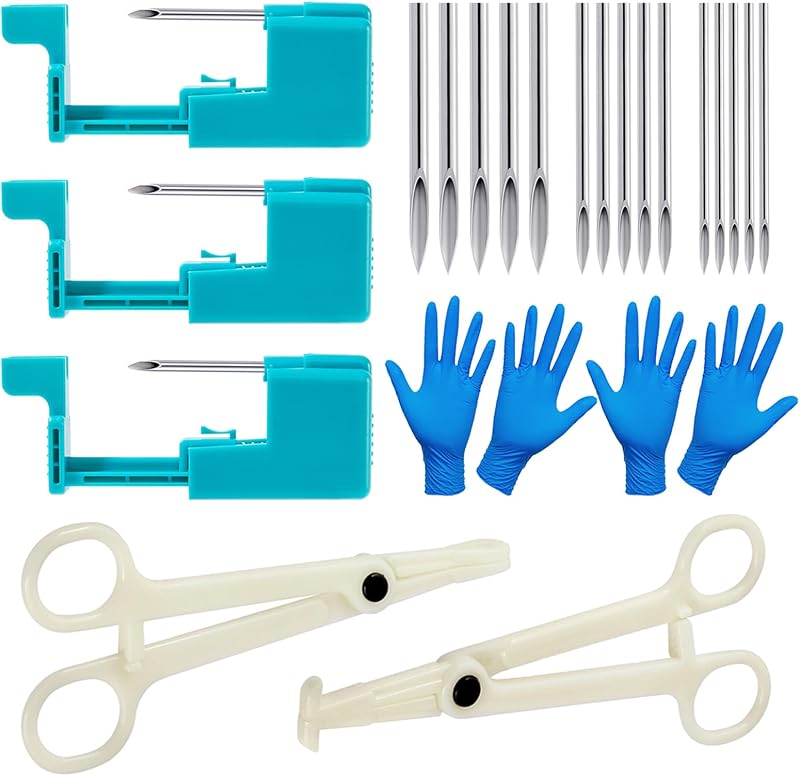 Kit para piercing Beautidots 14G, 16G e 20G com pistolas, agulhas, pinças e luvas — 24 peças
