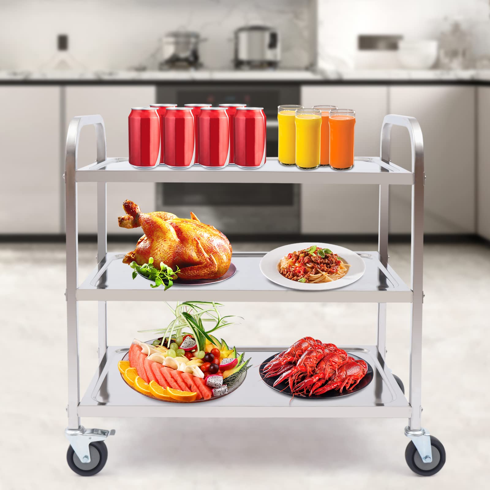 Carrello da portata con ruote, in acciaio inox, 3 ripiani con ruote, carrello da cucina in acciaio inox, 75 x 40 x 83,5 cm, per ristoranti, biblioteche, cucine, soggiorno, camera da letto