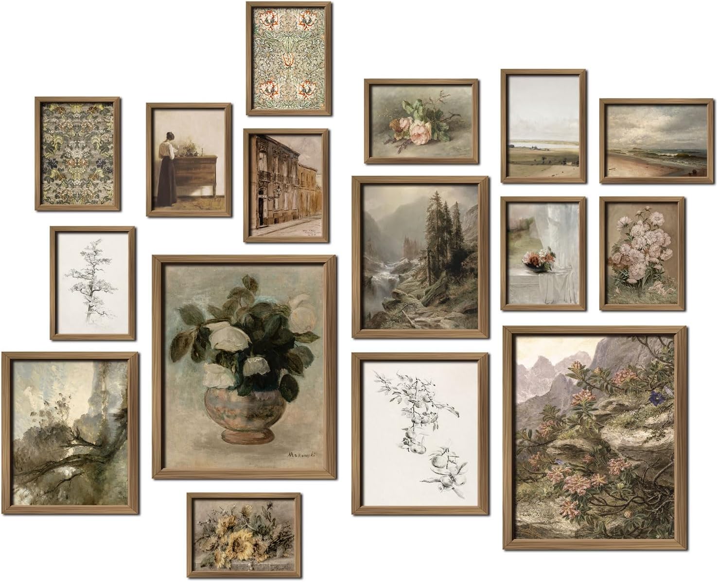 16 Pieces Framed Vintage Wall Decor, French Farm Gallery Wall Frame Set for Bedroom and Bathroom, Rustic Landscape Posters for Living Room Aesthetic, Kit