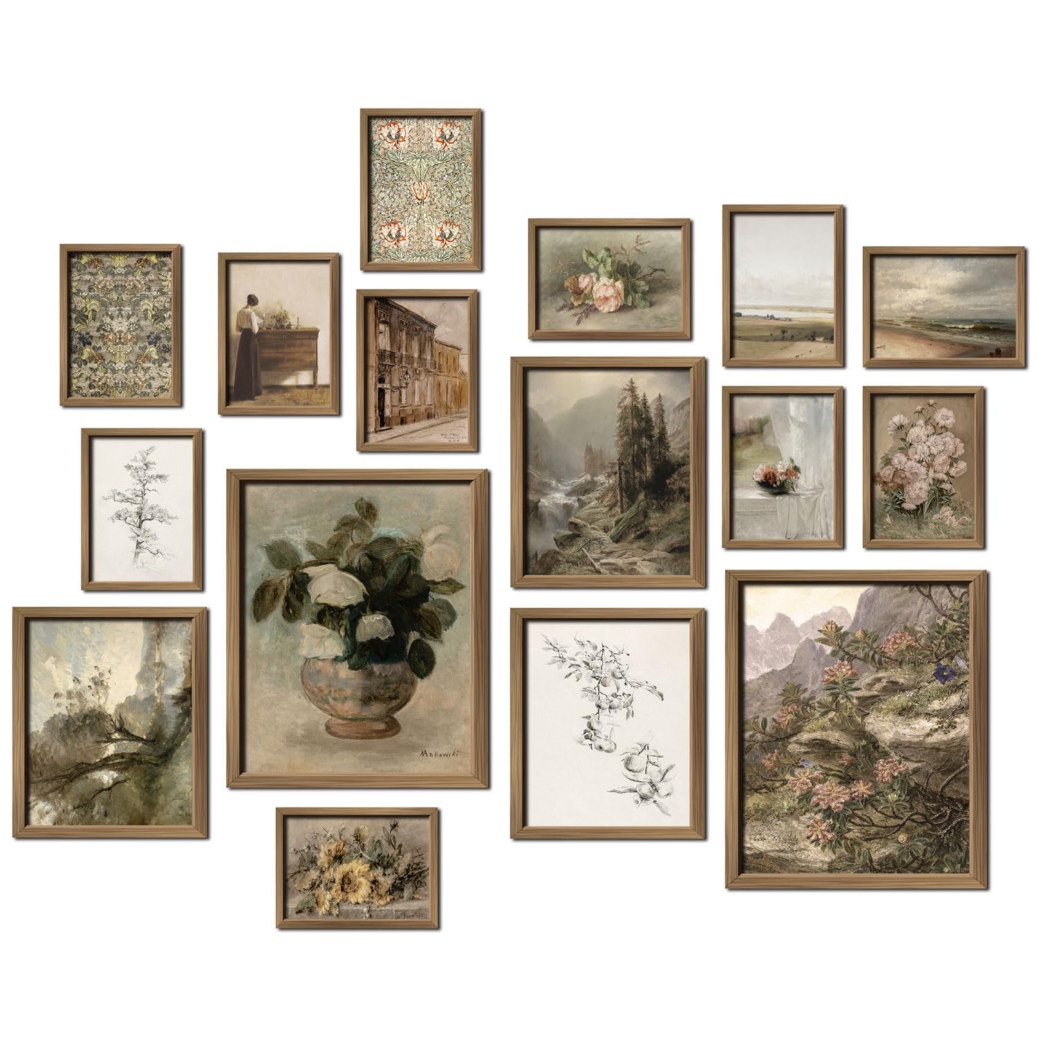 16 PCS Framed Vintage Wall Art Decor French Country Farmhouse Gallery Wall Frame Set Prints for Bedroom Bathroom