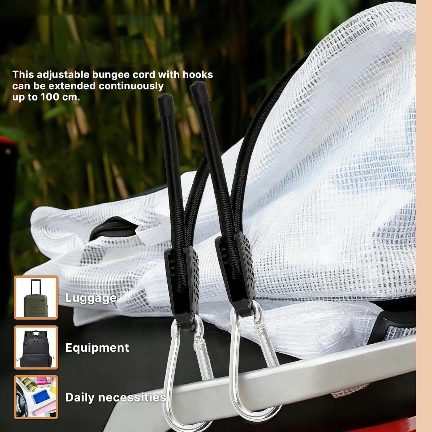 Elastic Straps with Carabiner Hook, Adjustable 100 cm, Set of 4 - Elastic Rubber Tensioner with Aluminium Carabiner for Bicycle, Car, Camping & Garden