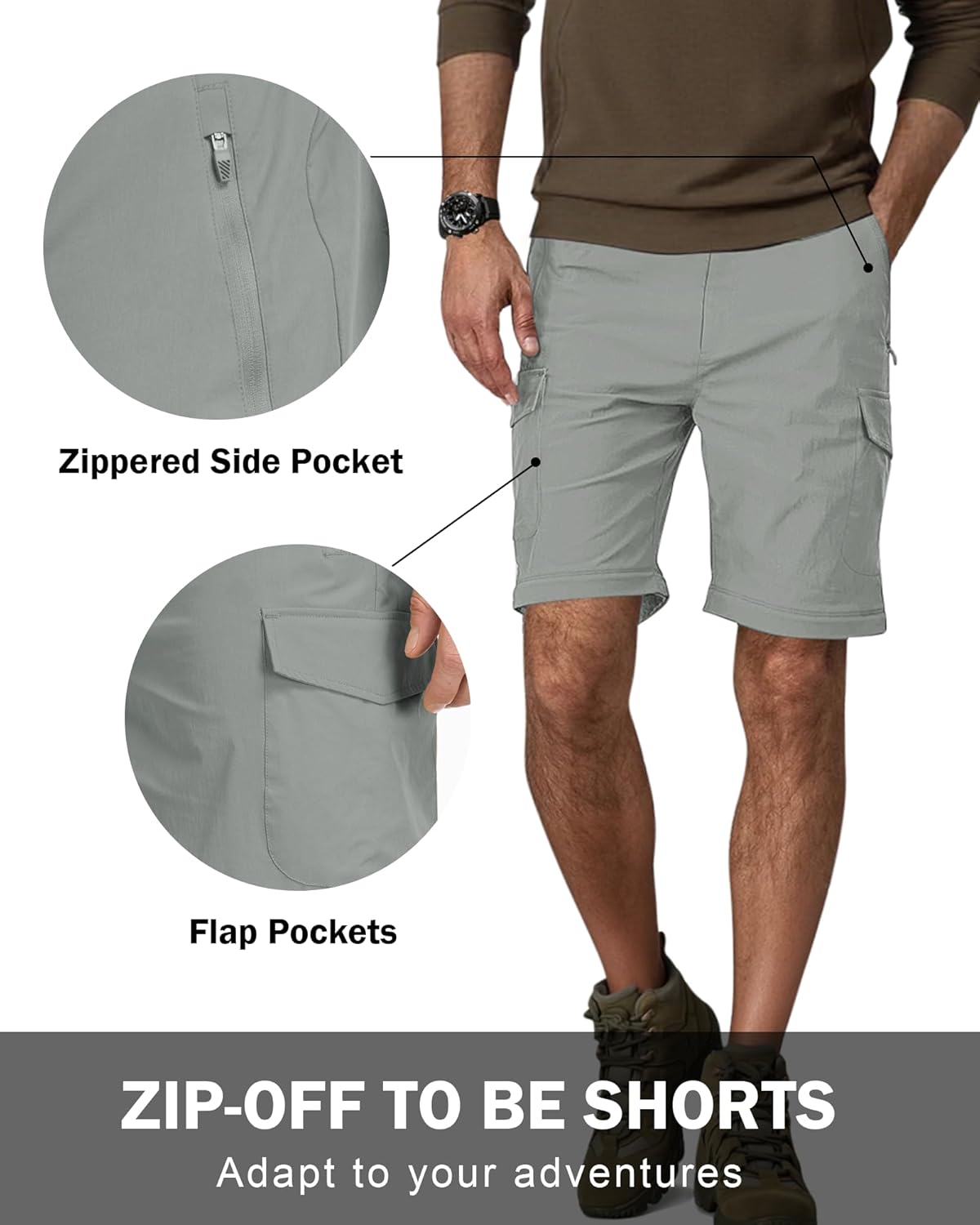 Mens Hiking Pants Stretch Convertible Cargo Pants Lightweight Quick Dry Water-Resistant Zip Off Pants, 6 Pockets