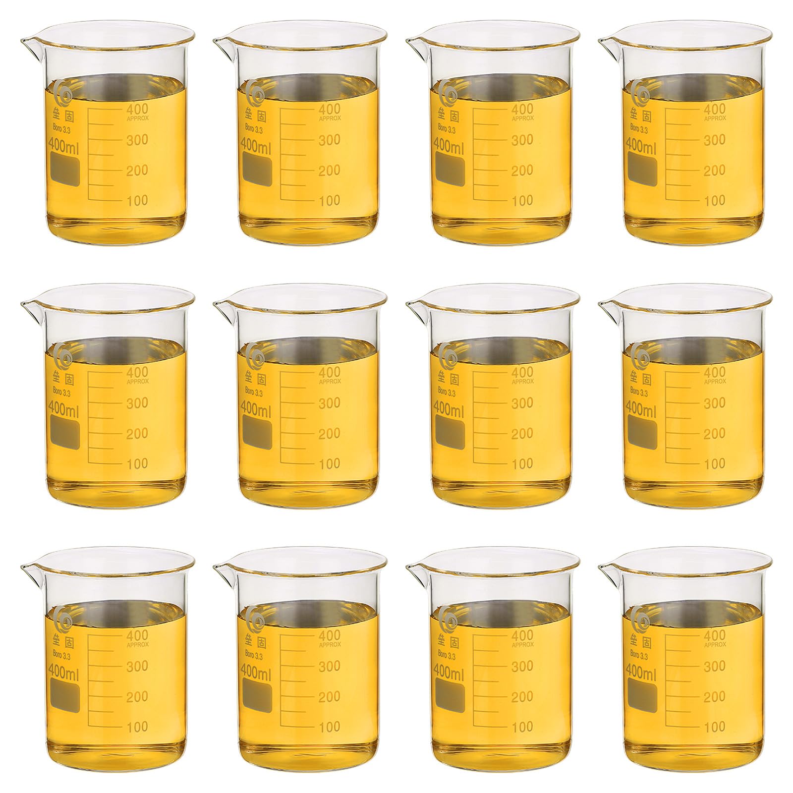 PATIKIL 400ml Vaso De Vidrio Bajo, 12Pcs 3.3 Vasos De Vidrio Borosilicato Taza De Medición Graduada Con Pico Para Experimentos De Laboratorio, Cocina Y Repostería, Transparente
