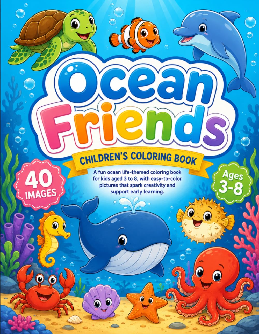 Ocean Friends Coloring Book for Kids :Fun and Easy Ocean Animals & Sea Life Coloring Pages with Fish, Sharks, Dolphins, Whales, Crabs, Octopus and More