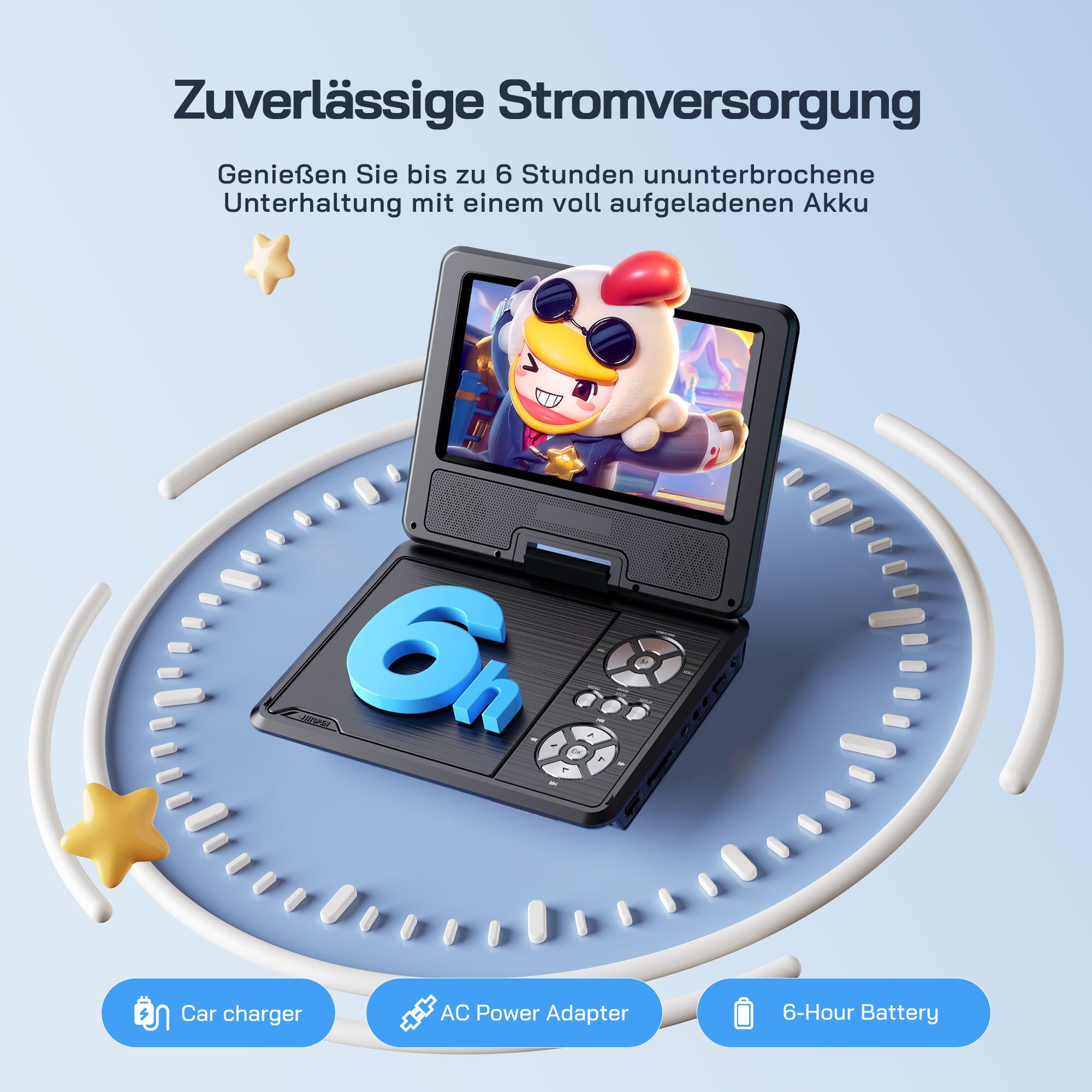 WOLFANG 9,5 Zoll Aufladbarer Tragbarer DVD-Player für Kinder im Auto, 7,5 Zoll HD Drehbildschirm, 6 Stunden Spielzeit, Sync TV/USB/SD, Keine Blu-ray-Unterstützung (Schwarz)
