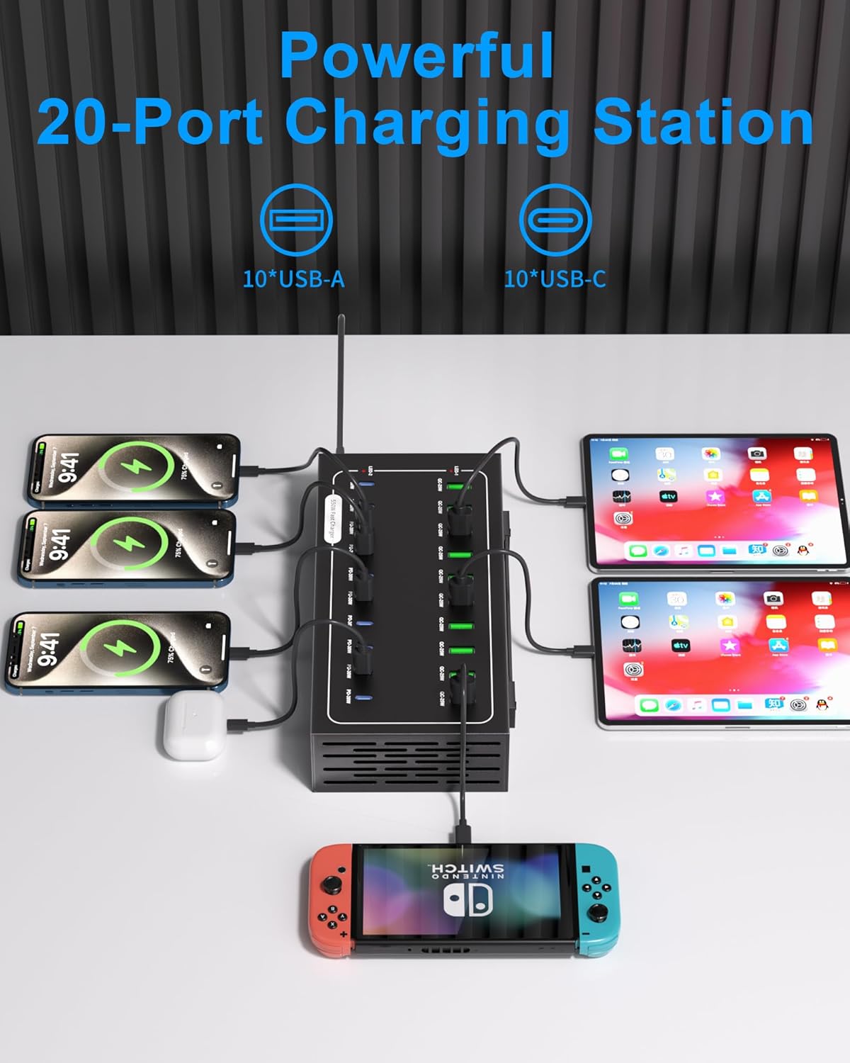 580W USB Charging Station, 20 Port Fast Charging Station for Multiple Devices, Dual PD 45W USB C Charger Block, Smart Power Delivery & Multi Protection for Laptop MacBook iPhone, iPad, Tablet