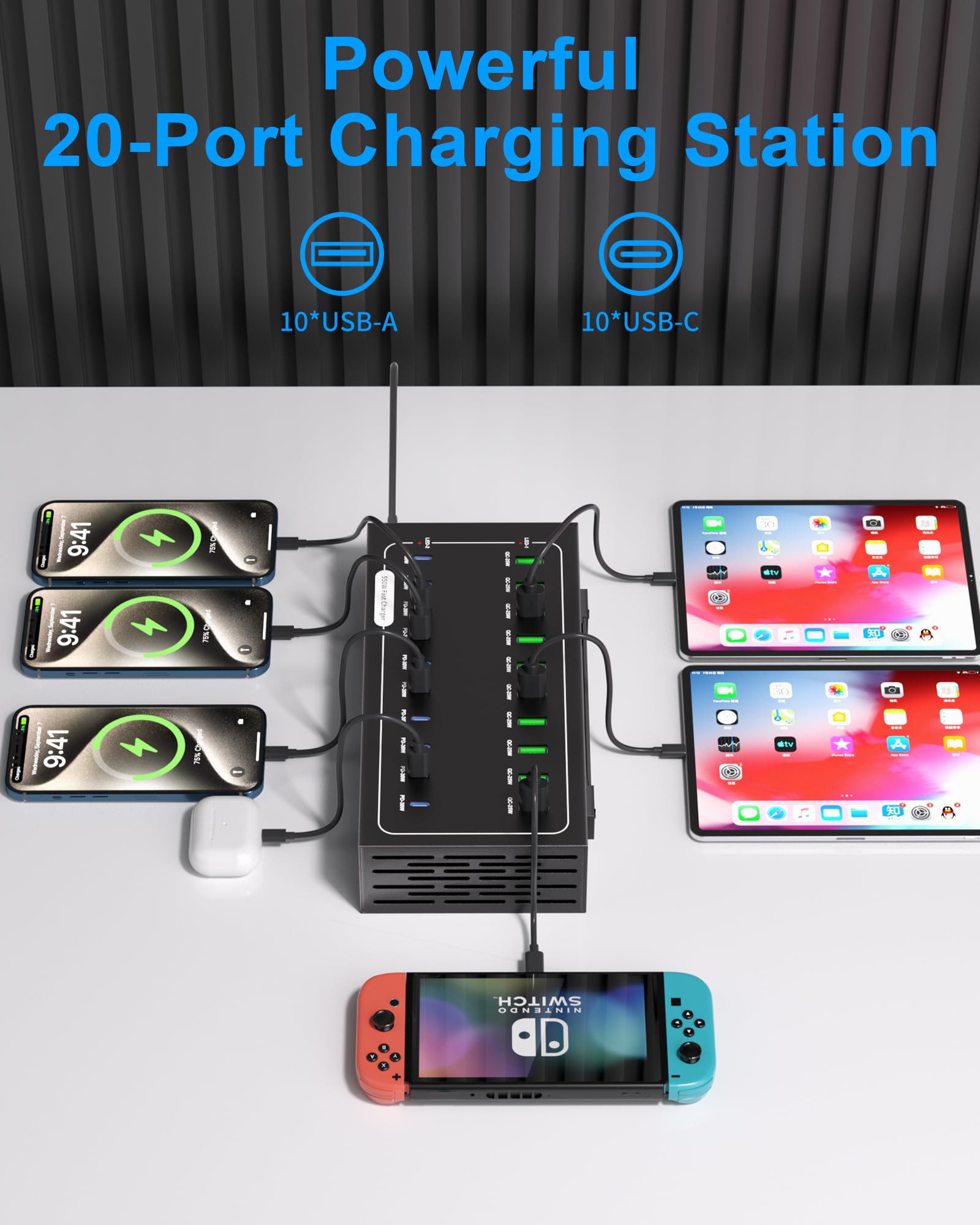 Estación de carga USB de 430 W, estación de carga rápida de 20 puertos para múltiples dispositivos, multiprotocolo PD3.0/QC4.0, fuente de alimentación inteligente y protección contra sobrecarga para