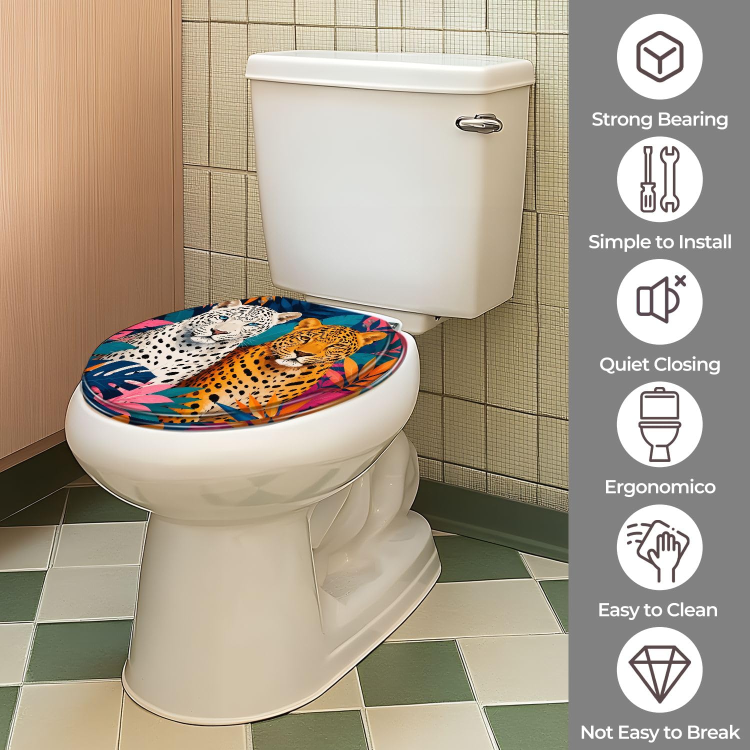 Asiento de inodoro redondo con estampado de guepardo para baño