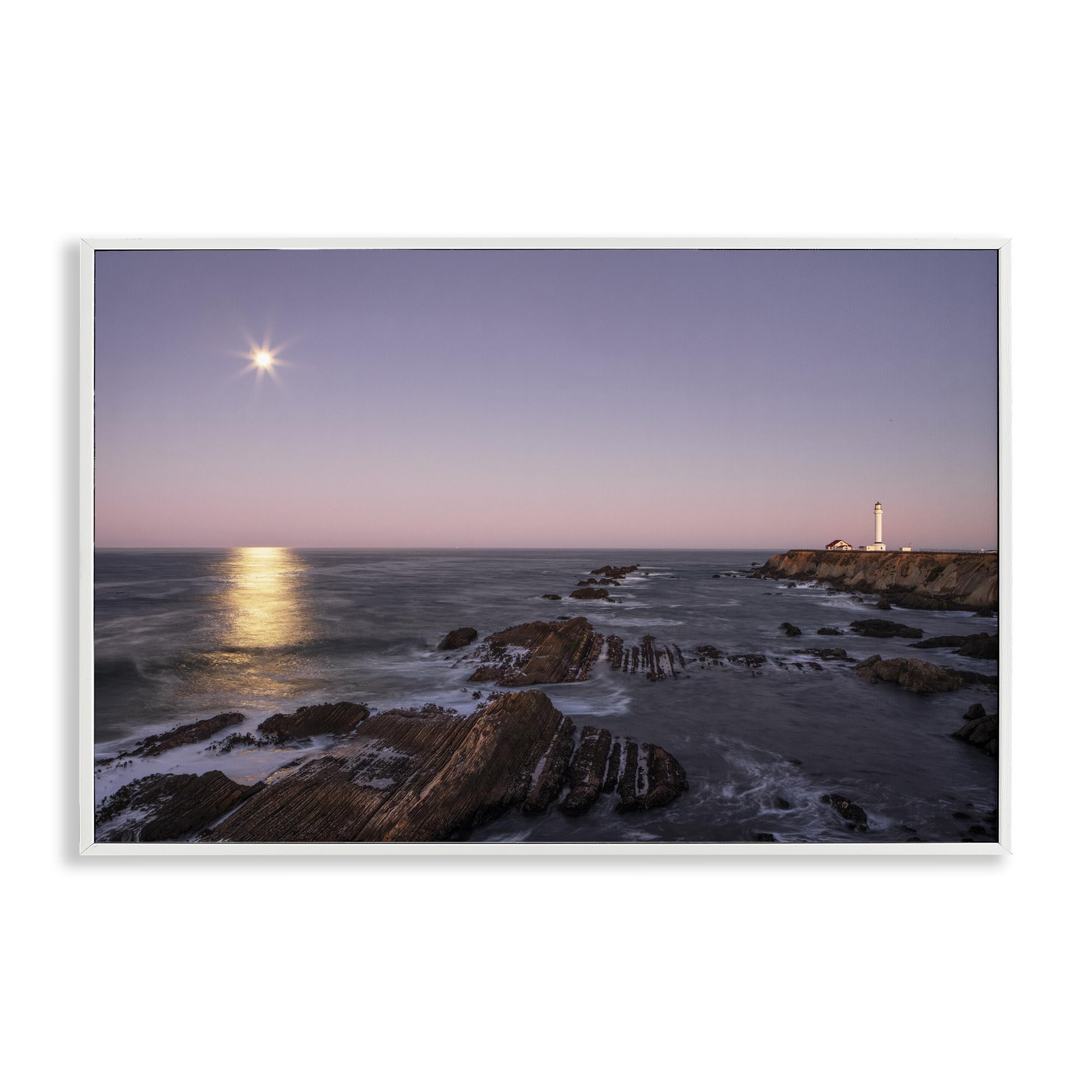 Stupell Industries Lighthouse Moonlit Coast Reflection 'Moon Arena Coastline', Framed Giclee Art, White, 24 X 16 Inches, Easy To Hang And Sturdy, Made In Usa, By Shelley Carlisle