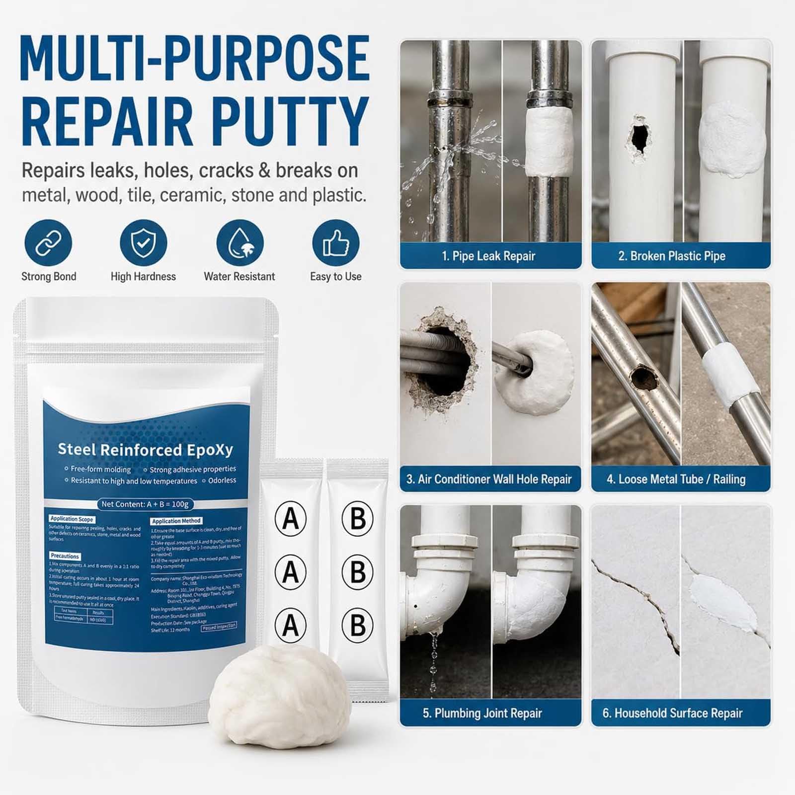 Stucco epossidico rinforzato con acciaio, Pasta riparatrice multiuso ad alta resistenza, stucco bicomponente per metallo, legno, ceramica, pietra, plastica e tubi in PVC, adesivo impermeabile (5pc)
