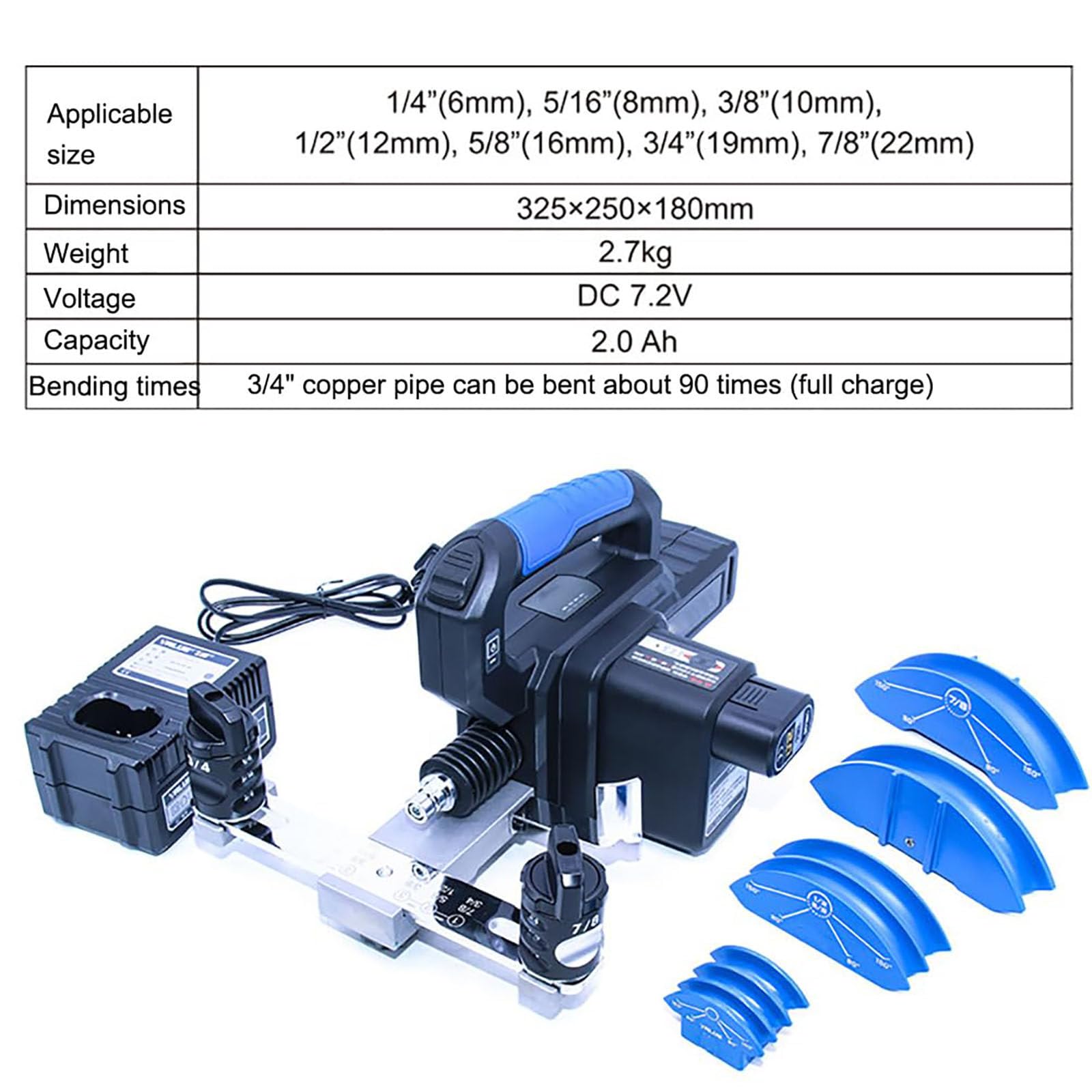 Curvatubi senza fili per tubi in rame da 6-22 mm, funzionamento a batteria, funzionamento con un solo pulsante, deflettore a sgancio facile, misura 7 in 1