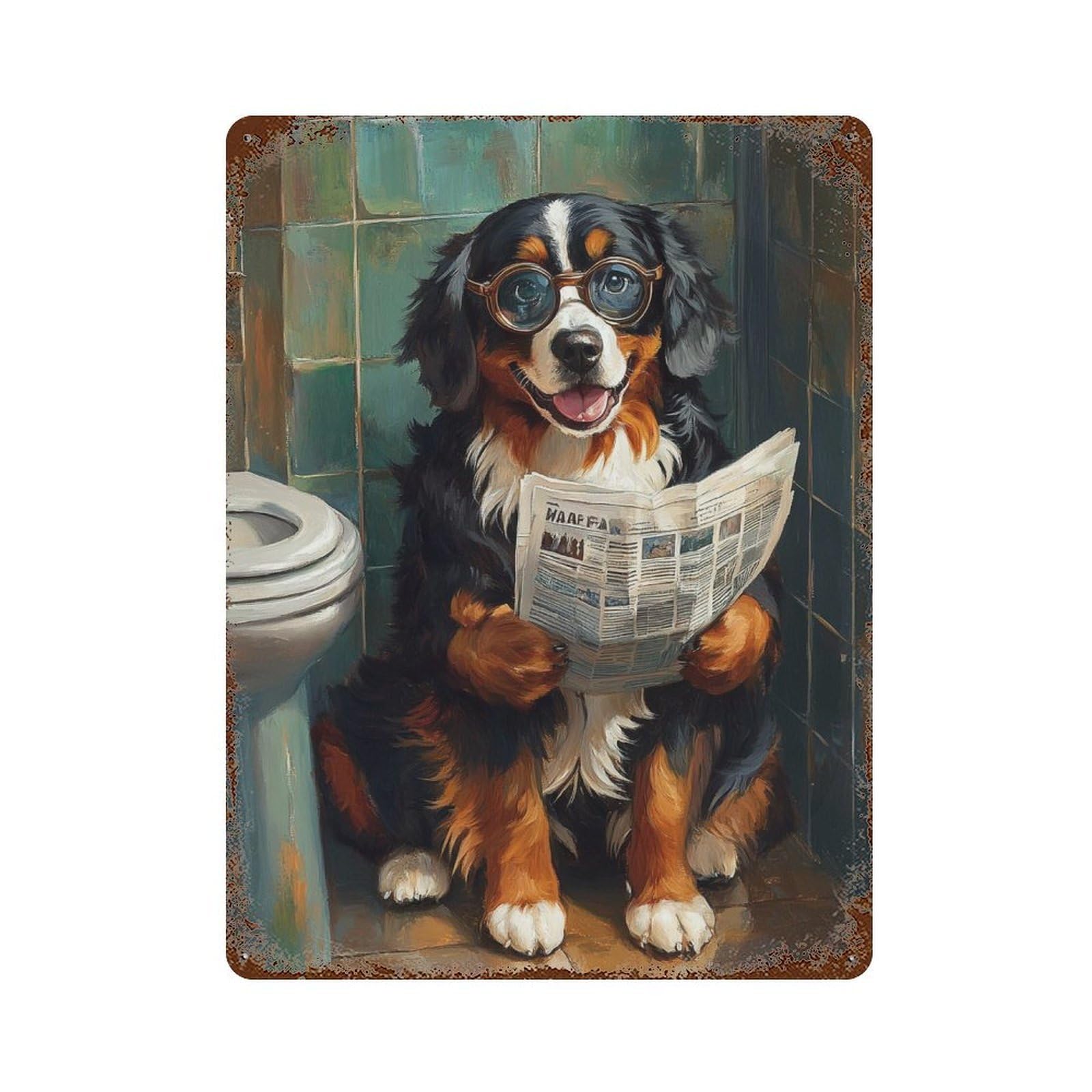 Dog Reading Newspaper in Bathroom Rusty Metal Tin Sign 15.7"x11.8", Industrial Home Decor for Garage, Pub Or Kitchen