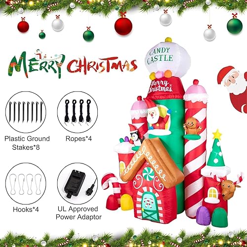 Miniatura 4 de Nervure Castillo de Navidad inflable de 10 pies – Castillo inflable de Navidad, dulces, Papá Noel, reno, pingüino de pan de jengibre con luces LED