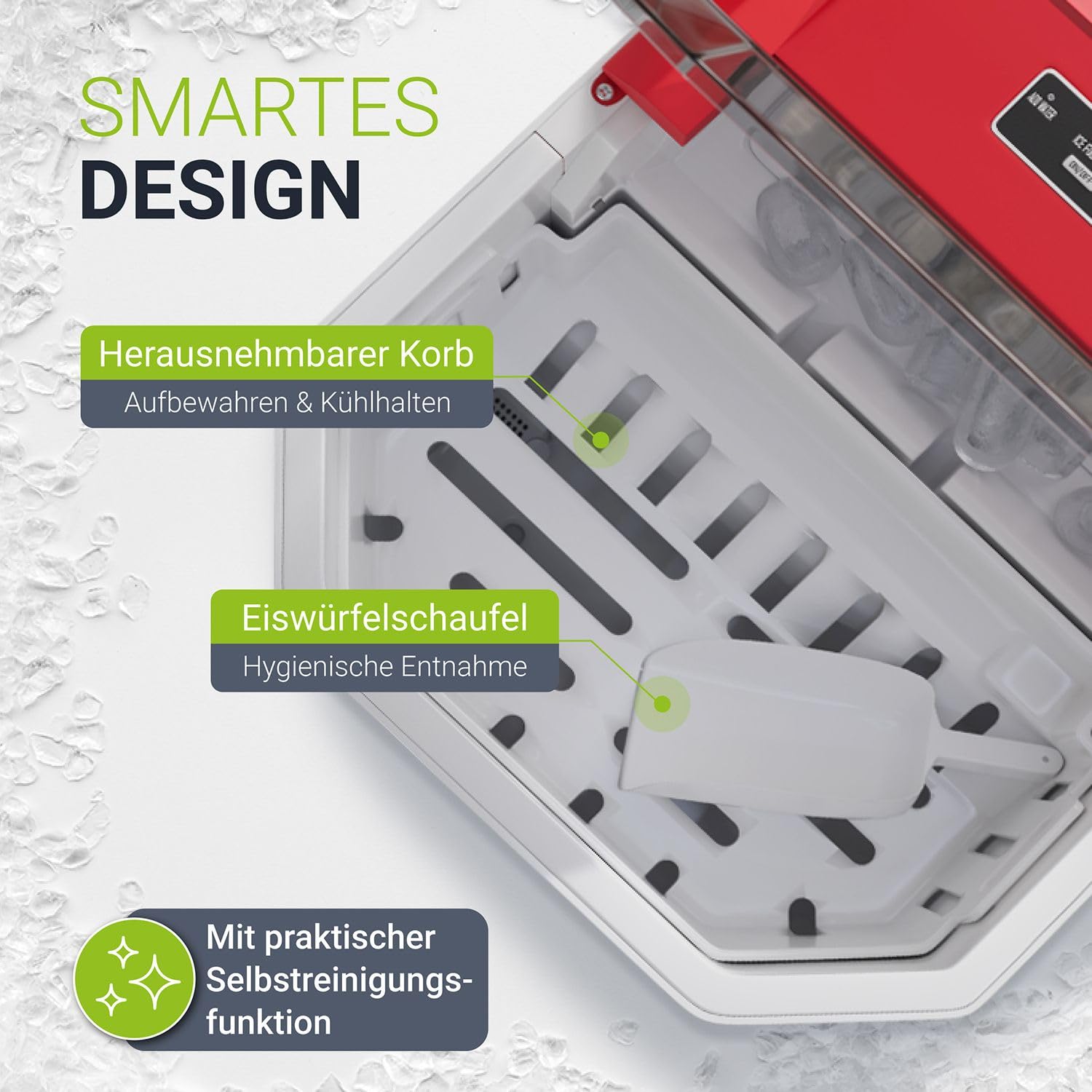 Juskys Eiswürfelmaschine klein mit Eiswürfelbehälter Rot 6-13 min 12 kg/Tag Ice Cube Maker