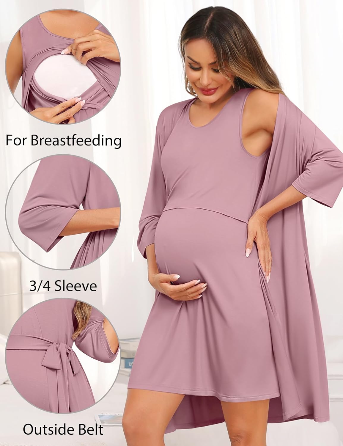 SWOMOG Women Maternity Nursing Gown and 3/4 Sleeve Robe Set Labor Delivery Nightgown Breastfeeding Hospital Bathrobe - Image 3