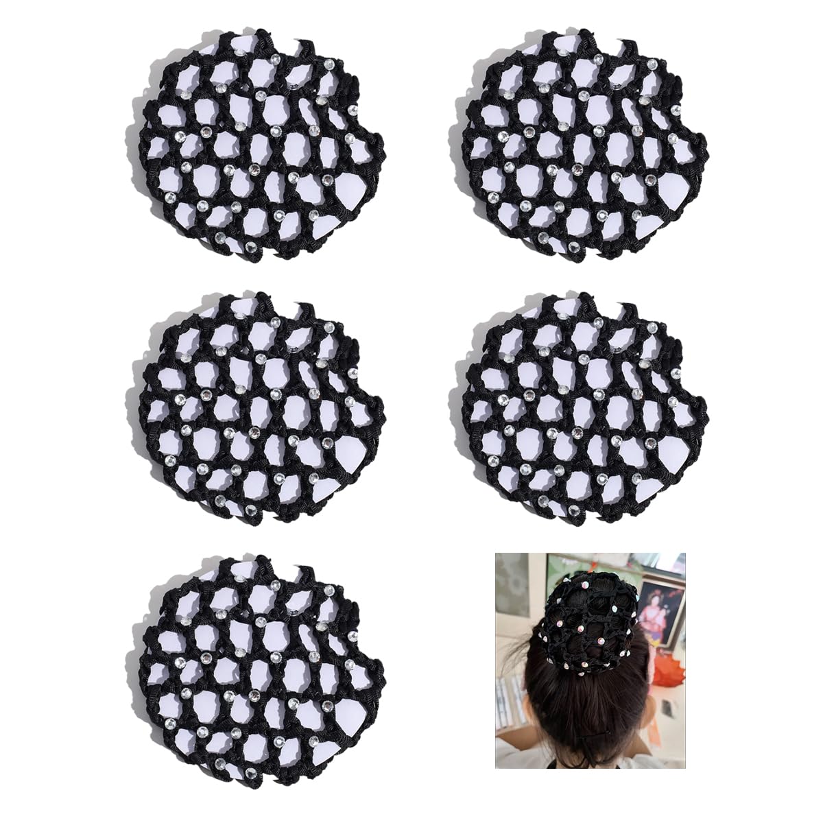 5 pezzi, Retina per Capelli Chignon, Bambina con Perline, ballet bun net, haarnetz, accessori per i capelli,con strass