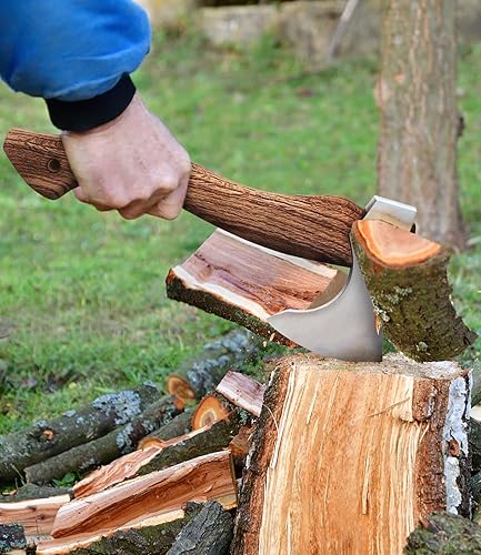 Miniatura 3 de Hacha de 12.2 pulgadas, hacha de bushcraft, acero de manganeso 1065 alto y mango de madera de haya con funda de cuero, pequeño hacha de campamento