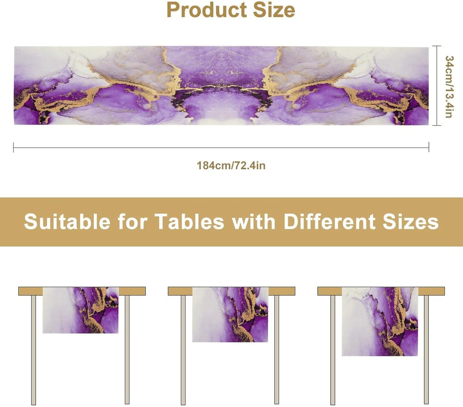 Marble Table Runner, Purple Gold Texture Pattern Table Runner Table Cloth Decoration Dinning Room Kitchen Wedding Party Vacation 13x90 Inch