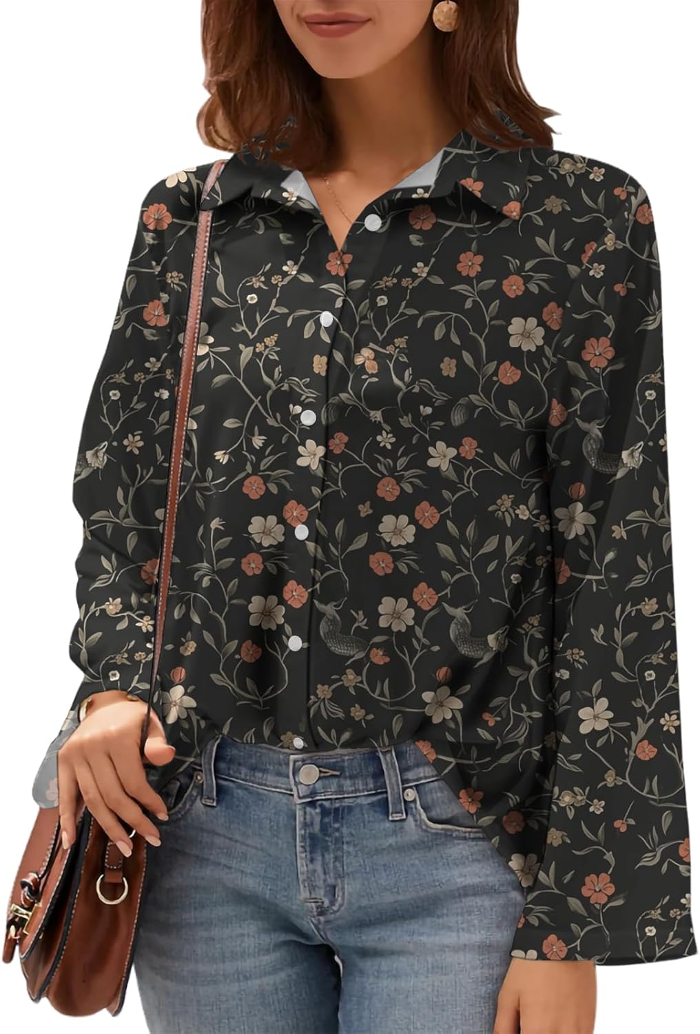 Womens Floral Print Button Down Shirt Long Sleeve Collared Blouse Dressy Casual Work Tops Loose Fit