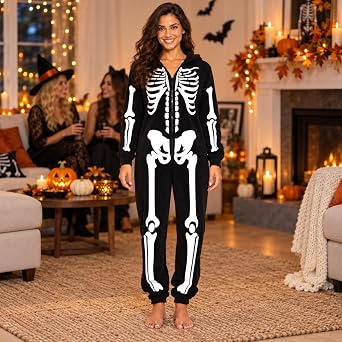 Just Love Skeleton Onesie Halloween Costumes for Women Adult - Comfortable Fleece Fabric with Cozy Hooded