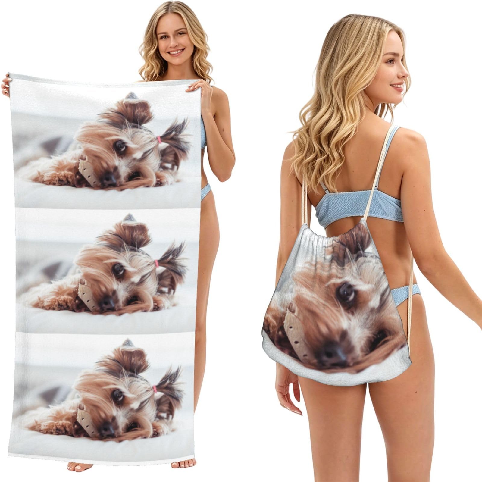 Poadnly As Picture Yorkshire Terrier, 2 In 1 Packable Towel Bag, Beach Towels With Drawstring Backpack For Travel Holiday Camping