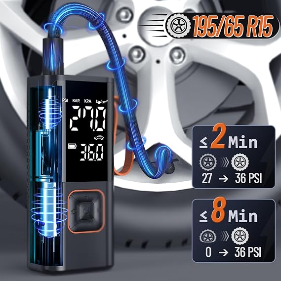Tyre Inflator Portable Air Compressor, 150PSI Car Tyre Pump 7500mAh 5 Modes Auto Shut-Off Autopump w/ 5 Nozzles Flashlight Cordless Inflators Car Accessories for Car, Bike, Ball, Motorcycle