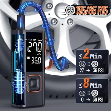 Tyre Inflator Portable Air Compressor, 150PSI Car Tyre Pump 7500mAh 5 Modes Auto Shut-Off Autopump w/ 5 Nozzles Flashlight Cordless Inflators Car Accessories for Car, Bike, Ball, Motorcycle