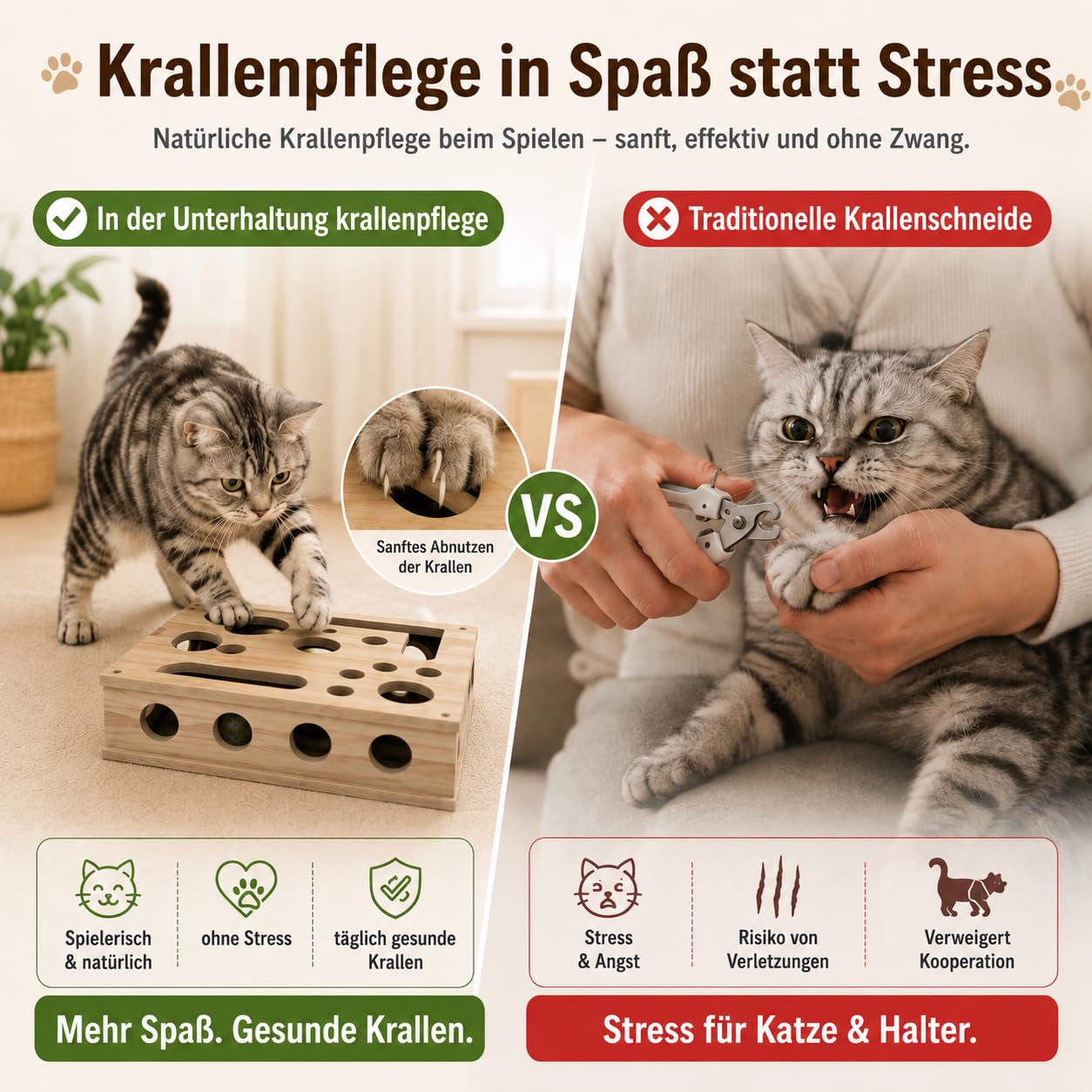 Taichaeu 2-in-1 Katzen Kratzspielzeug mit Intelligenzspiel & Krallenpflege - Interaktive Nagelfeilen, Katzen Krallenpflege beim Spielen, Katzen Kratzbrett aus Holz - 3 Glockenbällen & Federstab