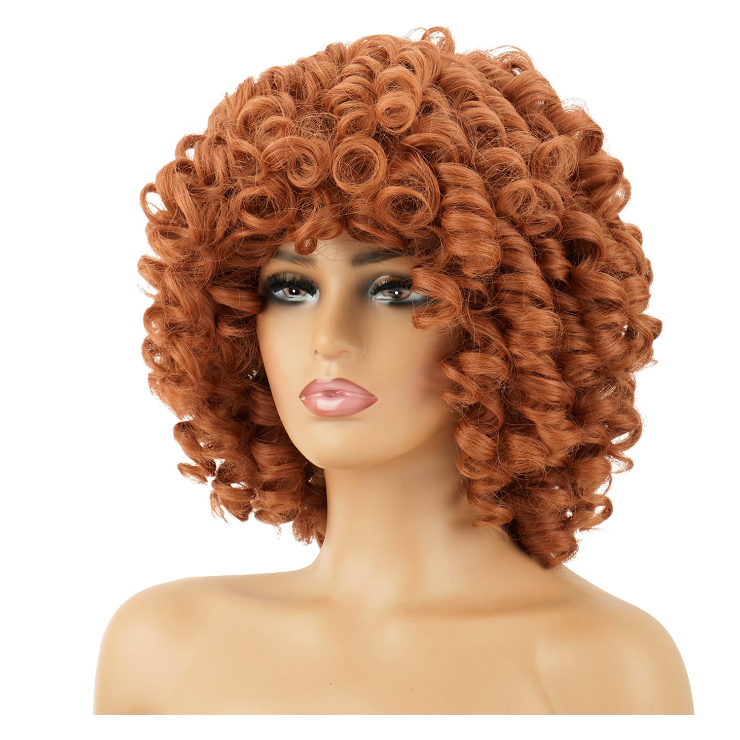 PORSMEER Copper Brown Curly Afro Wigs for Women Natural Loose Curly Afro Kinky Medium Wavy Bob Wig with Fringe Black Women for Costume or Daily Wear - Image 3