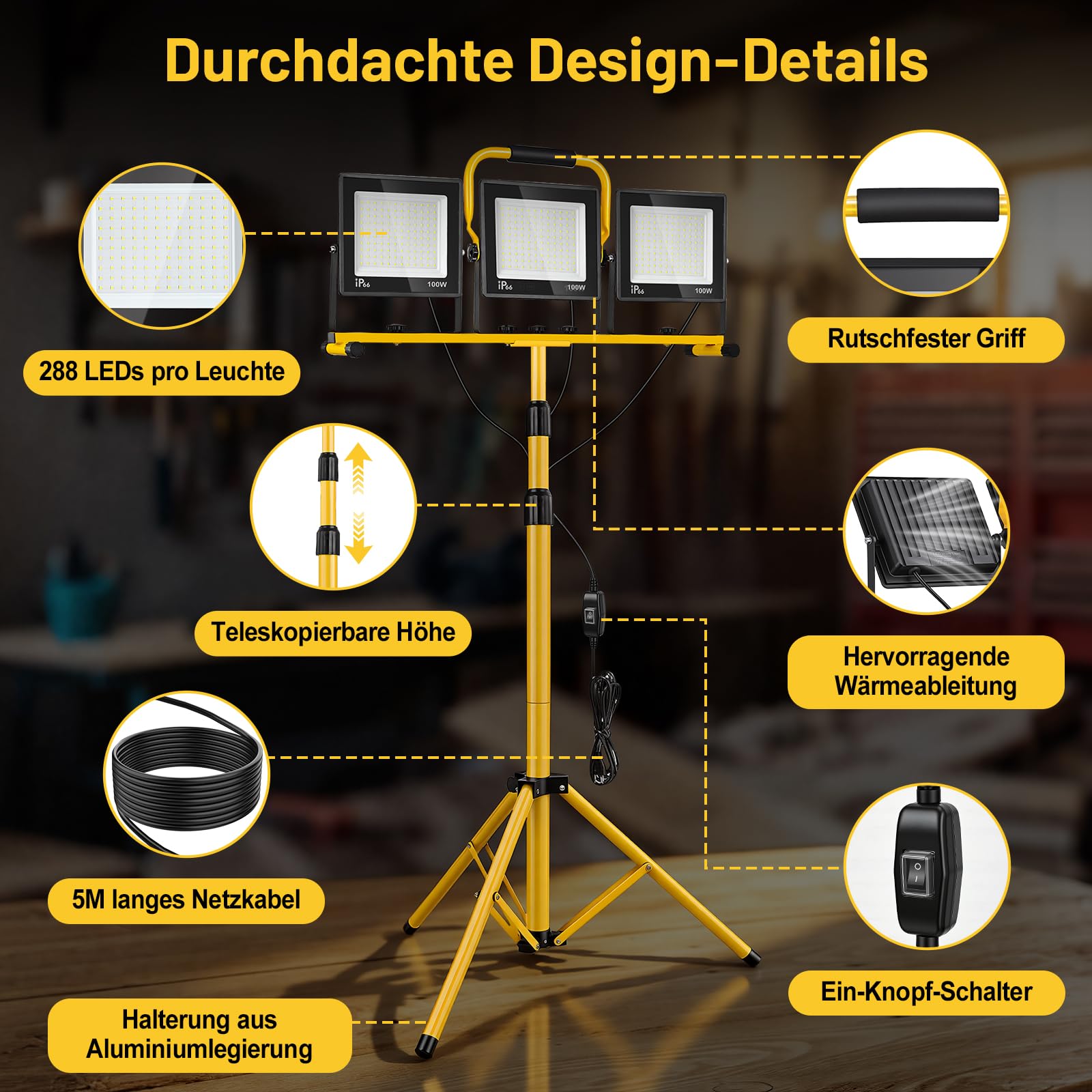 Yofuly 3x 100W LED Baustrahler mit Stativ, 23.000 LM LED Strahler Baustellenlampe, 160cm Höhenverstellbar, IP66 Wasserdicht, 5 M Kabel, LED Flutlicht für Baustelle, Werkstatt, Garage