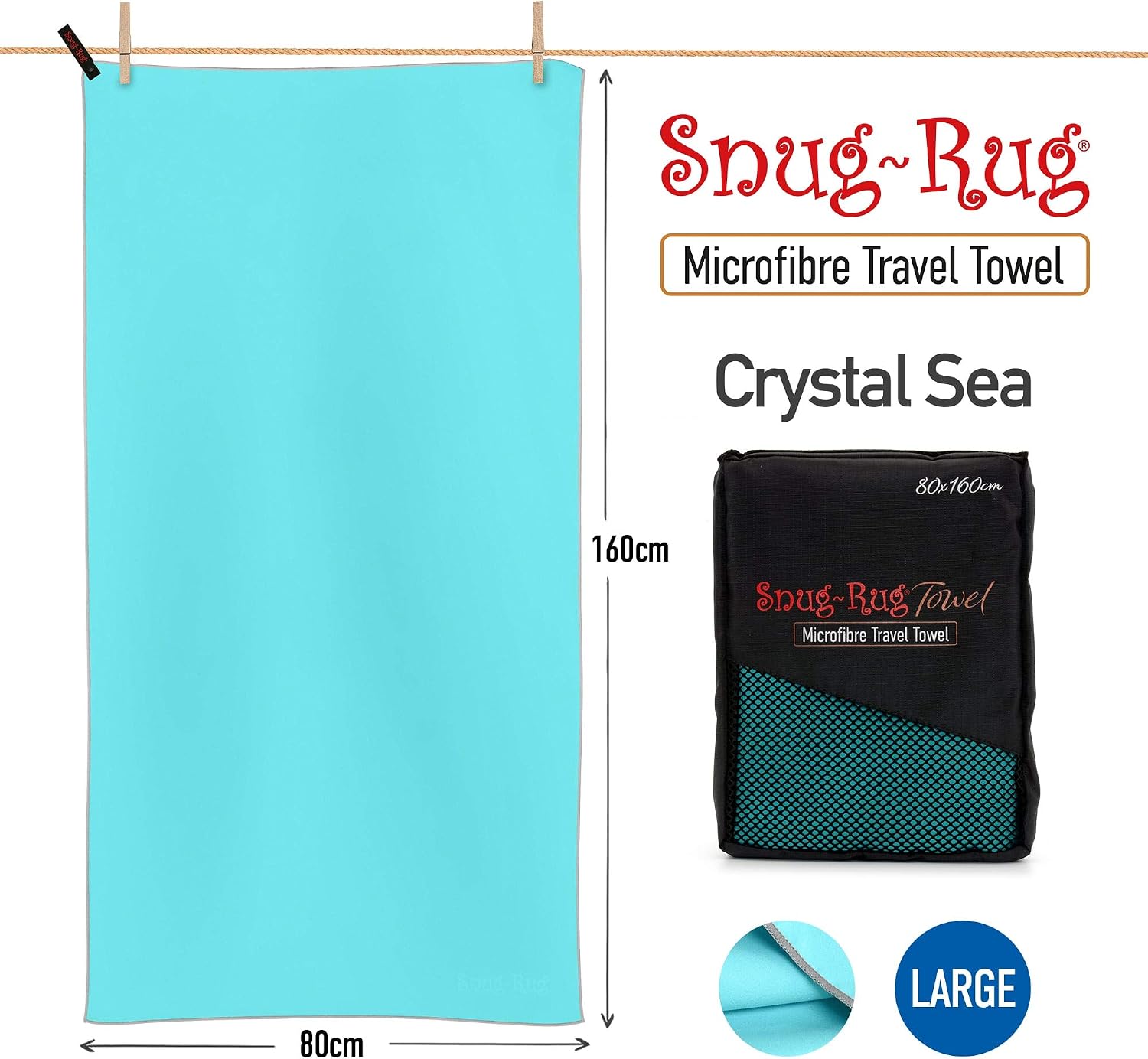 Snug Rug Microfibre Beach Towel Large 80 x 160cm - Super Absorbent Quick Drying Lightweight Sand Proof Beach Towels Crystal Sea Blue - Image 4