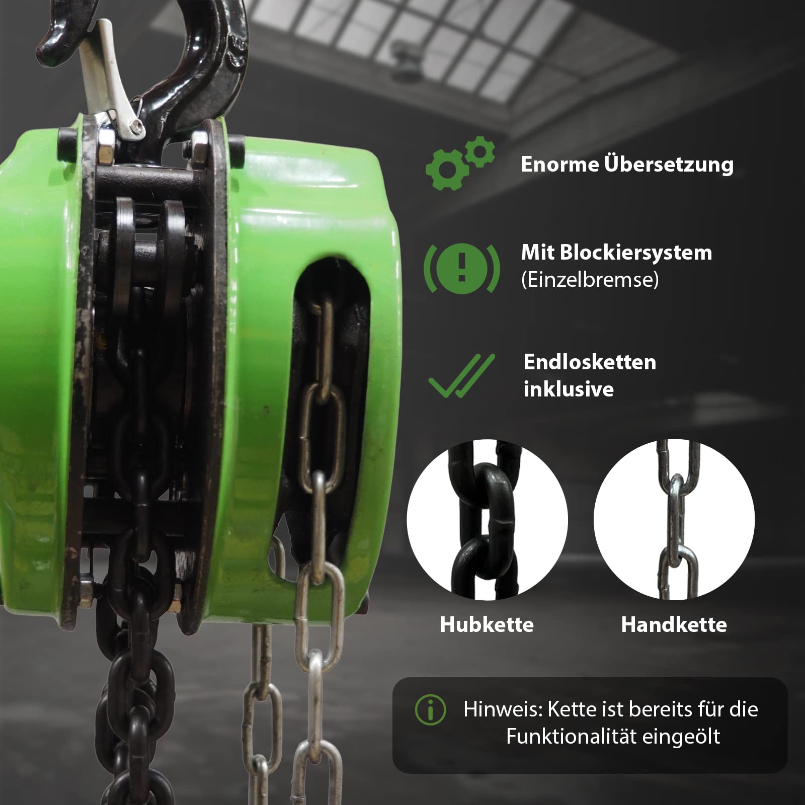 TRUTZHOLM Flaschenzug 1000 kg 1 t Tragkraft 12000 mm 12 m Hubhöhe HSC Triangel