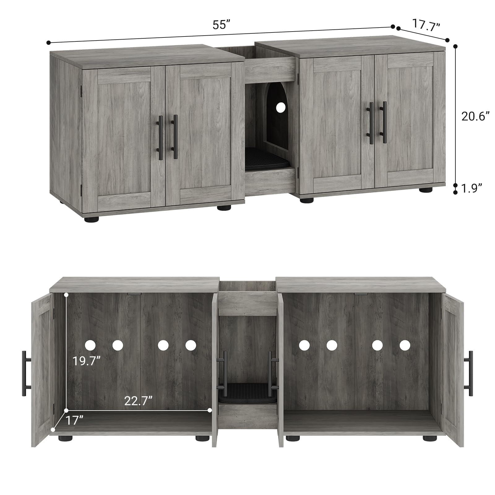 Meuble Litiere 2 Chat en Bois avec 4 Porte,Maison de Toilette Chat Caché avec Plan de Travail,Ouvert Rangement Casier,8 Aération,Armoire litière Entrée latérale pour Salon,Bain(140x55x45cm,Gris)