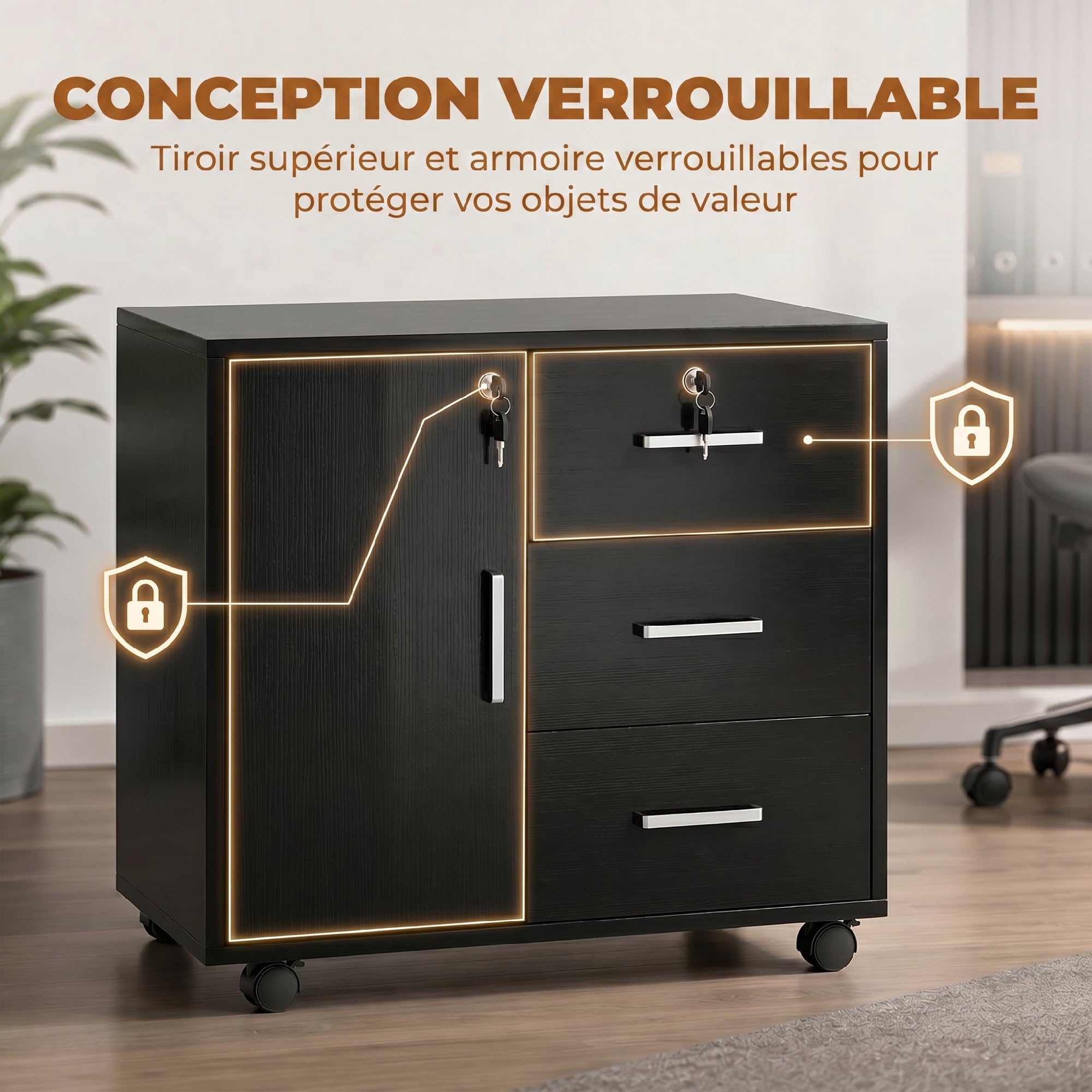 HOMCOM Cassettiera da scrivania con 3 cassetti, 40 x 60 x 56 cm, colore: Nero | Armadietto portaoggetti regolabile per ufficio, ruote