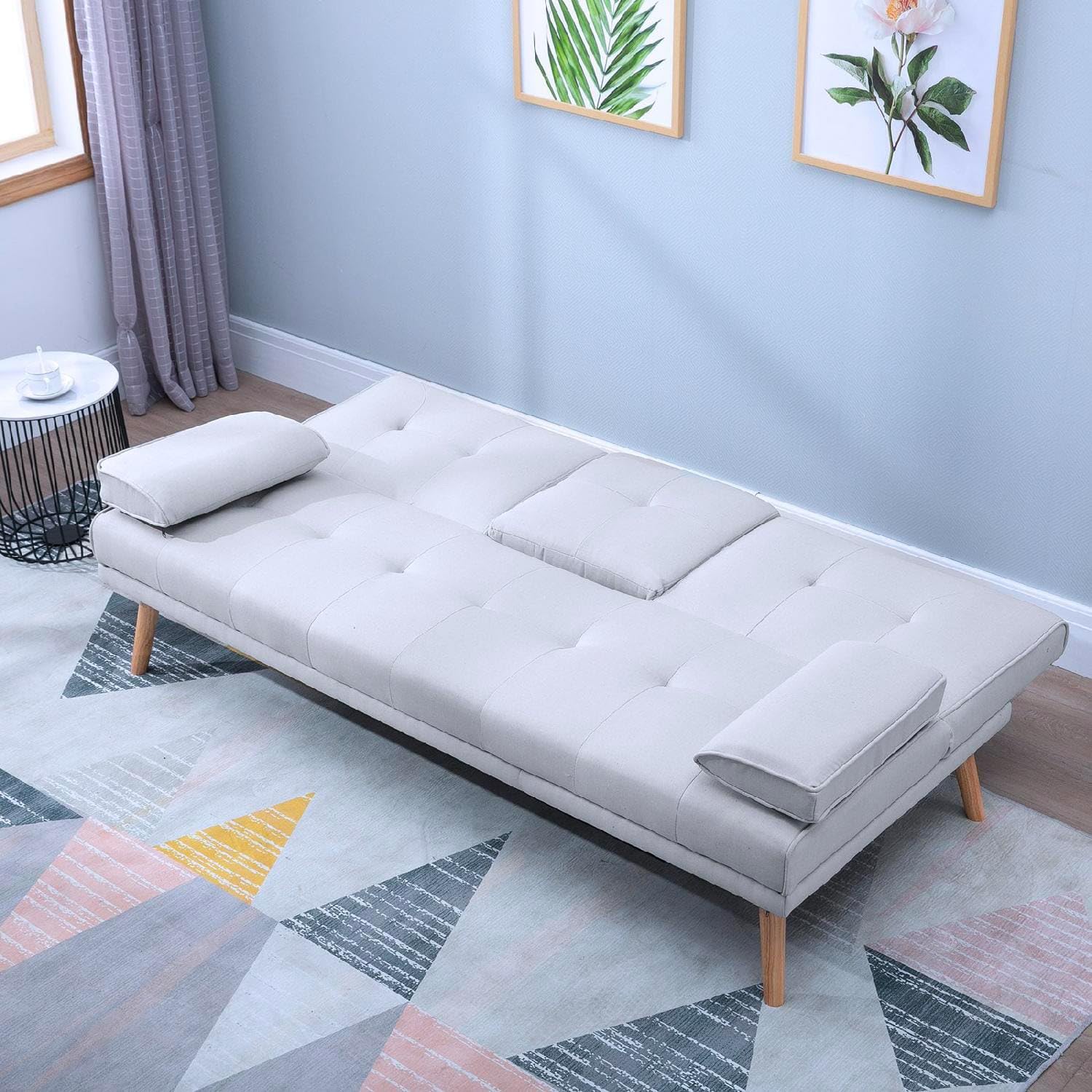 Divano Letto 3 Posti Reclinabile con 2 Braccioli e Tavolino a Ribalta Effetto Lino 181x77x72 cm colore Grigio Chiaro