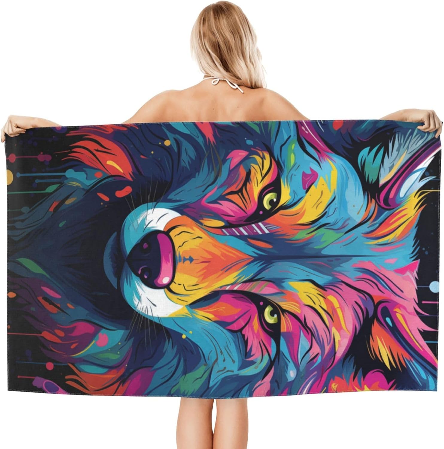 Beach Towel Colorful Wolf Theme Sand-Free Microfiber 52x32 Inches Absorbent Quick Dry Pool Bath Towel for Adults Kids Outdoor Swimming - Image 2
