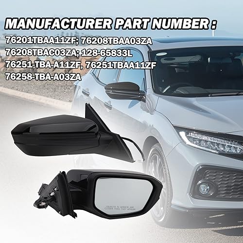 Miniatura 6 de Espejo lateral del pasajero compatible con Honda Civic 2016, 2017, 2018, 2019, 2020, 2021, espejo con cristal eléctrico, sin calefacción, plegable
