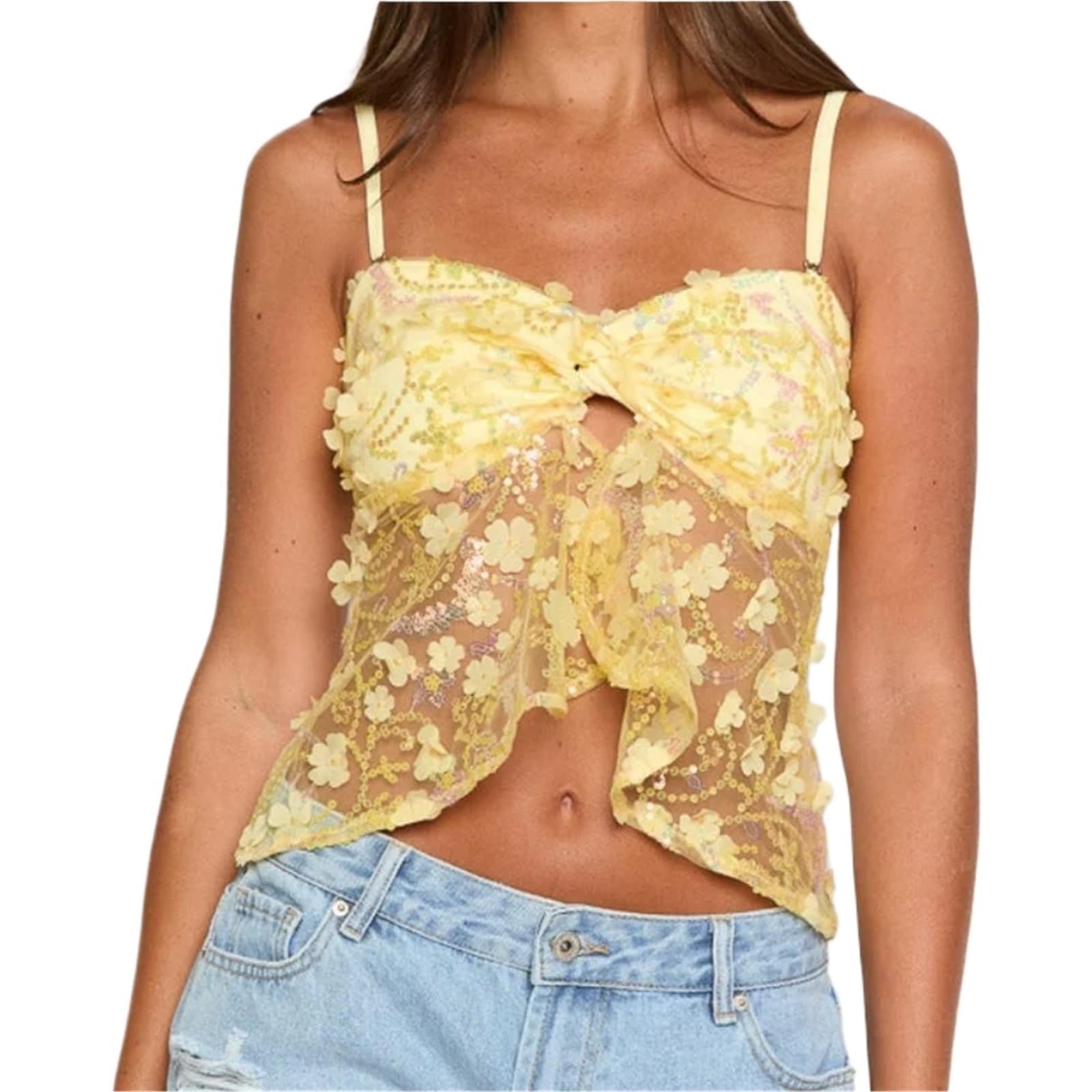 Top De Lentejuelas Tops de Tubo con Lentejuelas for Mujer, con Aberturas torcidas, de Retazos, de Malla, con Pliegues, con Aberturas torcidas, Dulces Tops de Fiesta con Flores Brillantes de Verano