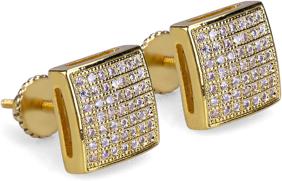 Men's Hip Hop Iced Out XL Large Square Flat Screen Block Screw Back Stud Earring (GOLD TONE)