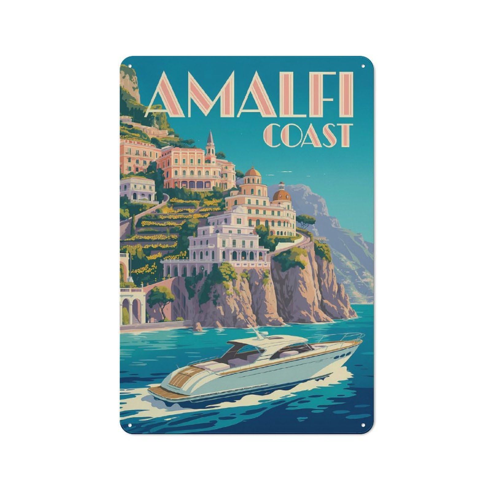 Junmoney Style Vintage Amalfi Coast Travel (3) Vintage Metal Sign 30X20cm, Restaurant Wall Art For Takeaway, Bar, Kitchen Or Counter Area
